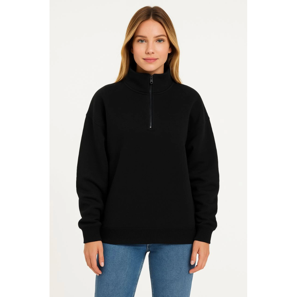 Üç İplik Dık Yaka Yarım Fermuarlı SweatShirt - Siyah