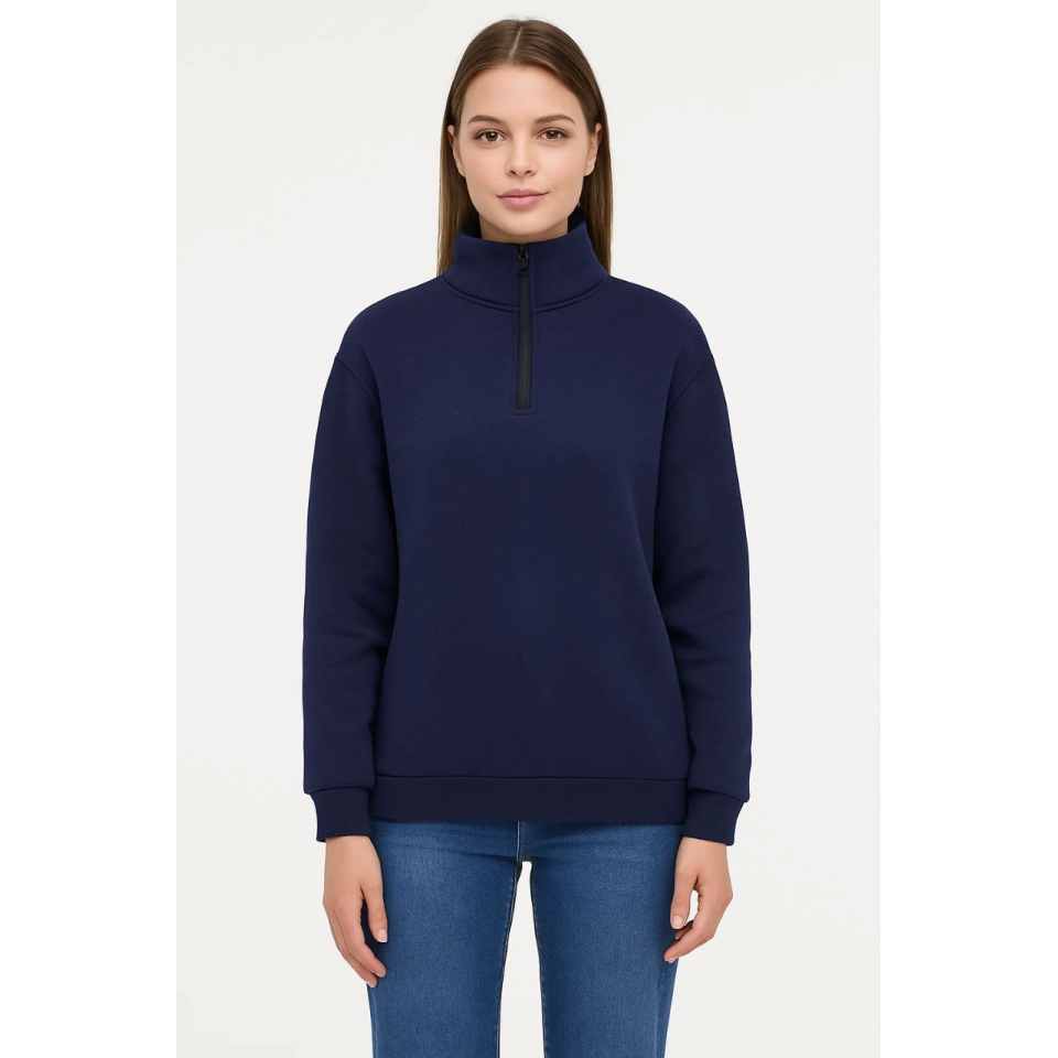 Üç İplik Dık Yaka Yarım Fermuarlı SweatShirt - Lacivert