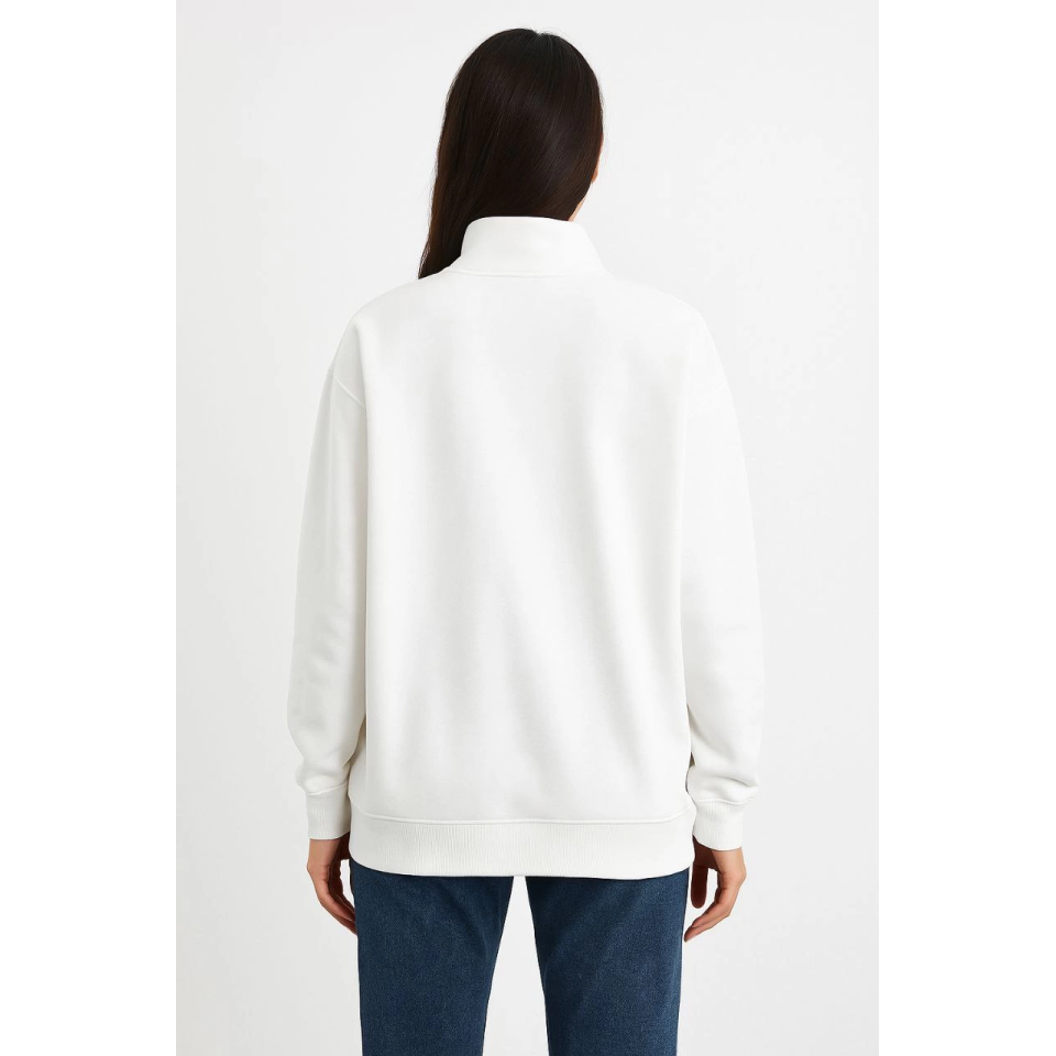 Üç İplik Dık Yaka Yarım Fermuarlı SweatShirt - Beyaz