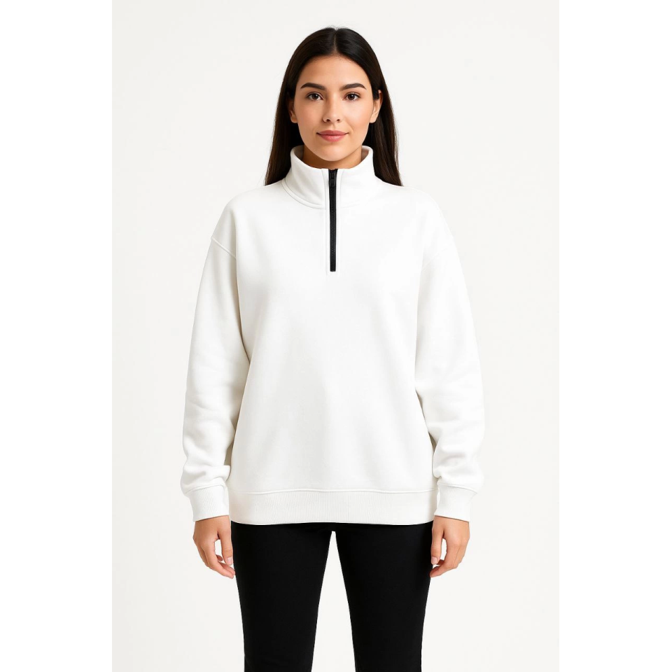 Üç İplik Dık Yaka Yarım Fermuarlı SweatShirt - Beyaz