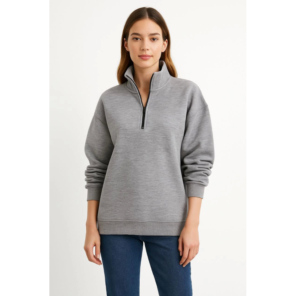 Üç İplik Dık Yaka Yarım Fermuarlı SweatShirt - Gri