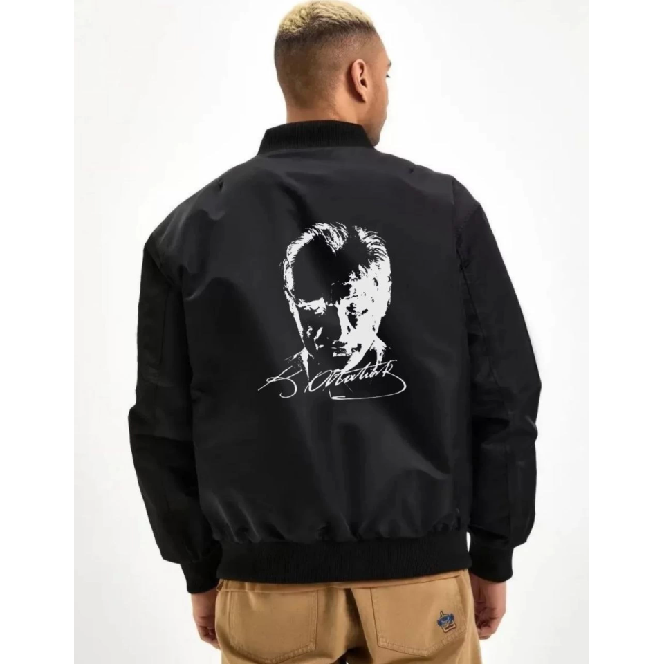 Unisex Uzun Kol Baskılı Bomber Ceket - Siyah