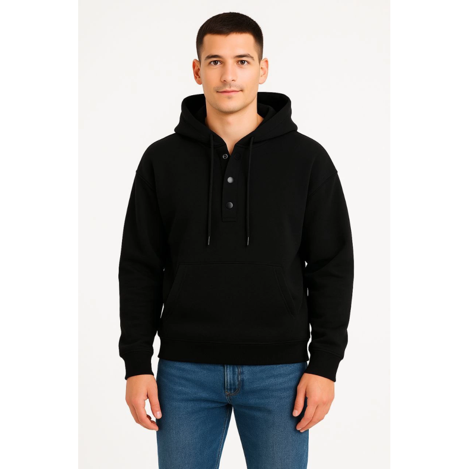 Erkek Ovarsize Kapüşonlu Swetshirt Kanguru Çepli Cıtcıtlı 3 Iplik Şardonlu Hoodie - Siyah