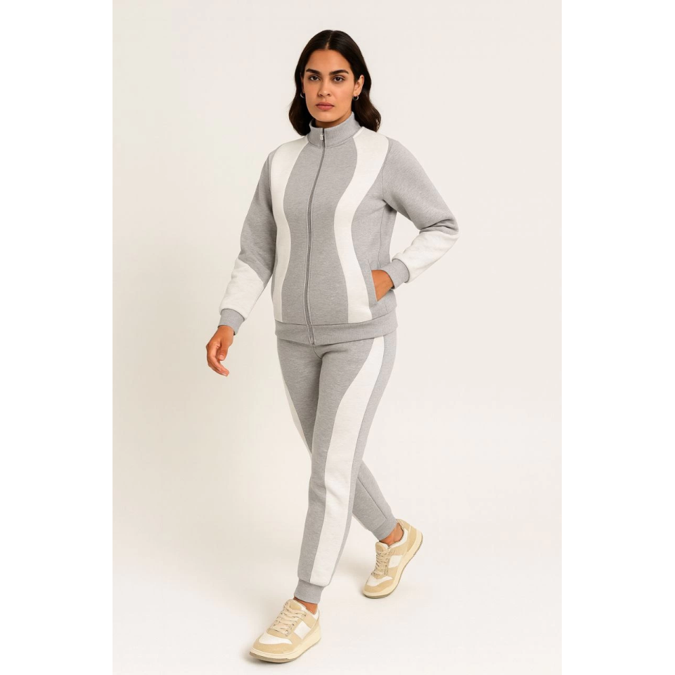 Premium Parçalı Eşofman Takım - Dik Yaka Fermuarlı Sweatshirt - Gri