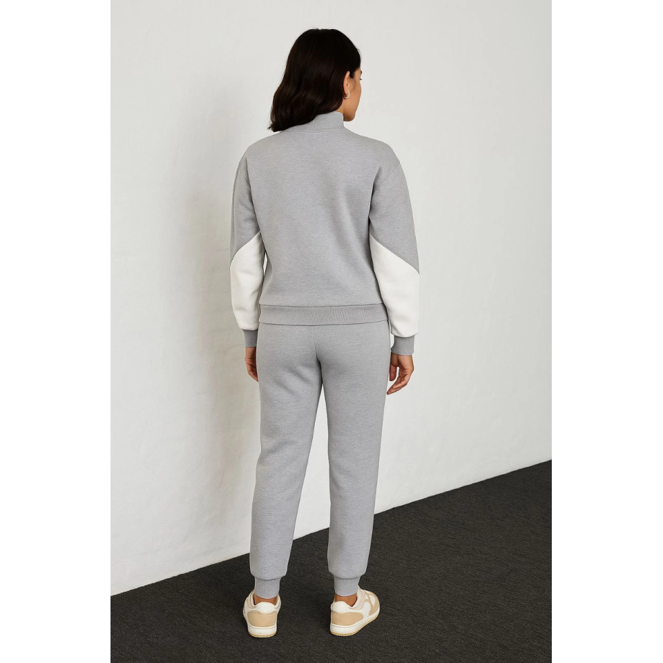 Premium Parçalı Eşofman Takım - Dik Yaka Fermuarlı Sweatshirt - Gri