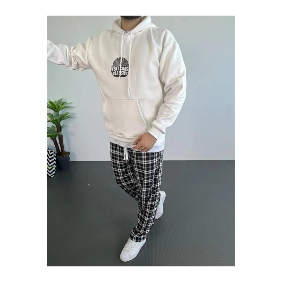 Erkek Oversize Üç İplik Kapüşonlu Sweatshirt – Beyaz Ön Baskılı, Kanguru Cepli, Rahat Kalıp, İçi Pamuklu Model