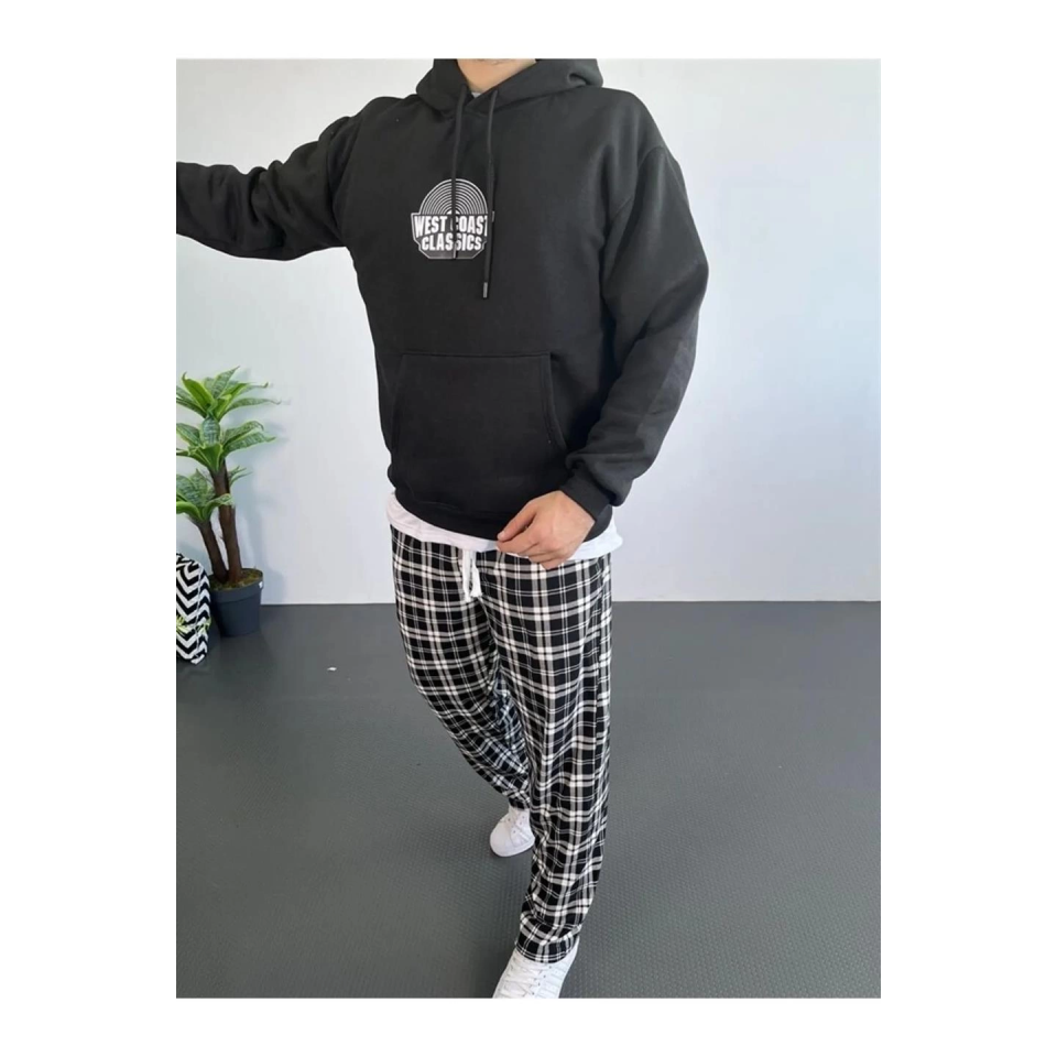 Erkek Oversize Üç İplik Kapüşonlu Sweatshirt – Siyah Sırt Ve Ön Baskılı, Kanguru Cepli, Rahat Kalıp, İçi Pamuklu ModeL-Siyah