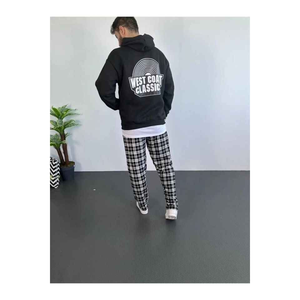 Erkek Oversize Üç İplik Kapüşonlu Sweatshirt – Siyah Sırt Ve Ön Baskılı, Kanguru Cepli, Rahat Kalıp, İçi Pamuklu ModeL-Siyah