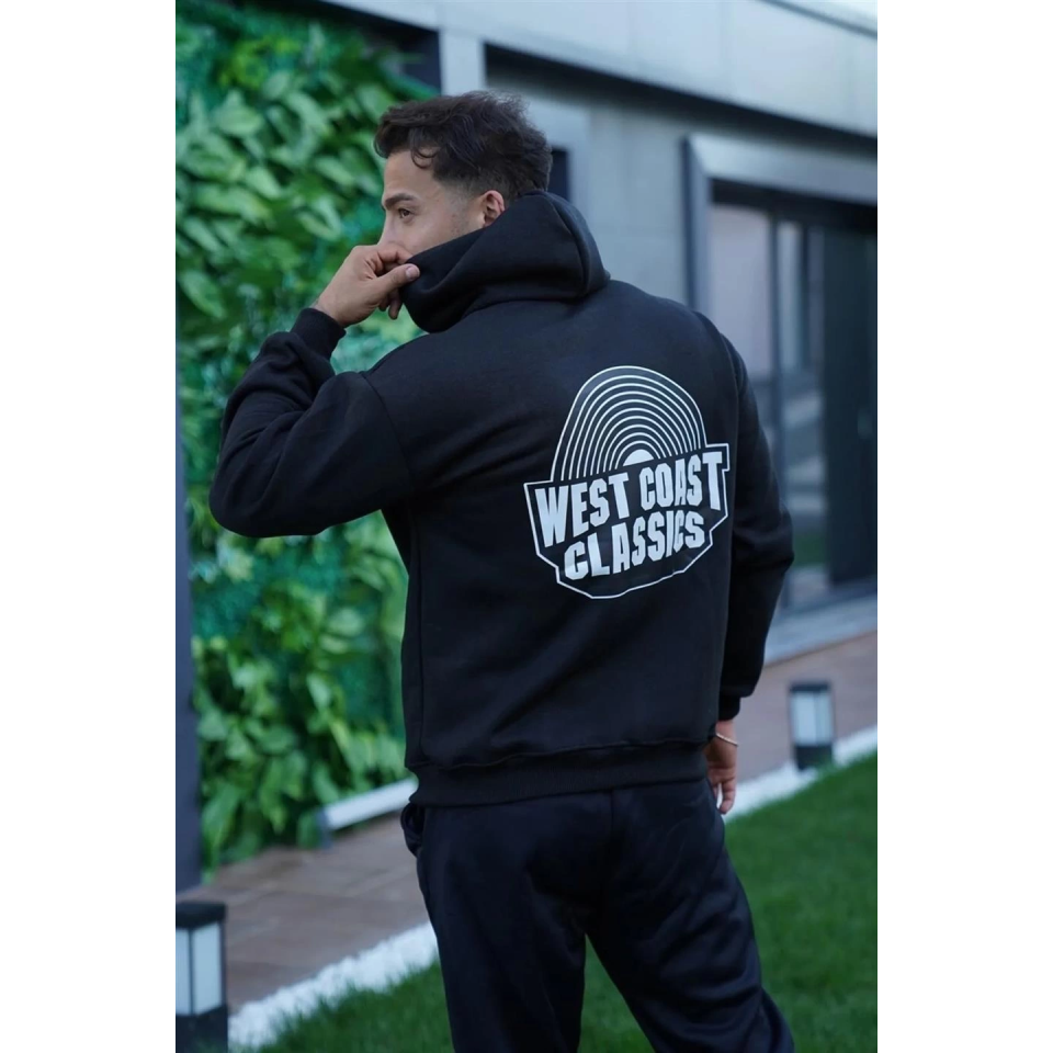 Erkek Oversize Üç İplik Kapüşonlu Sweatshirt – Siyah Sırt Ve Ön Baskılı, Kanguru Cepli, Rahat Kalıp, İçi Pamuklu ModeL-Siyah