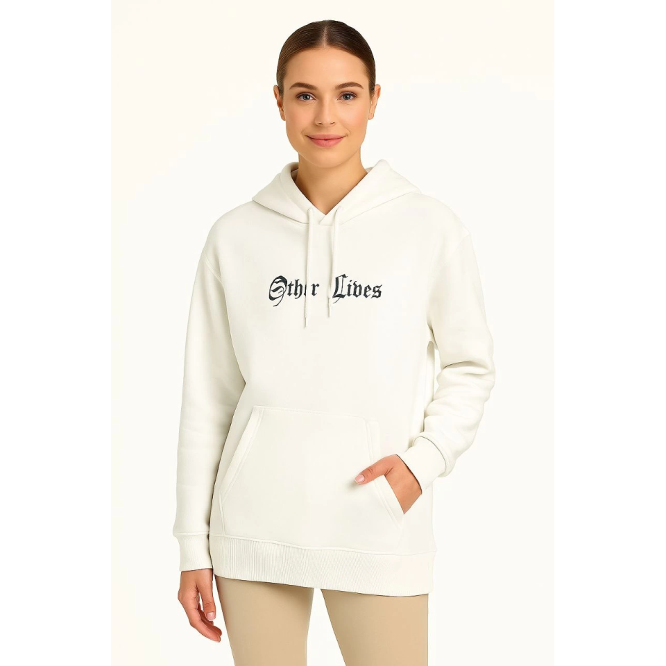 Oversize Üç İplik Şardonlu Kapüşonlu Sweatshirt – Beyaz “Other Lives” Ön Ve Arka Baskılı, Kanguru Cepli, Ribanalı Rahat Kışlık Model Beyaz