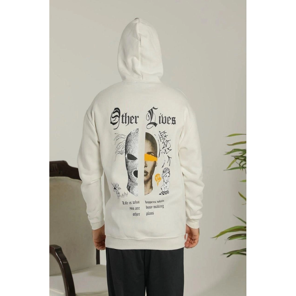 Oversize Üç İplik Şardonlu Kapüşonlu Sweatshirt – Beyaz “Other Lives” Ön Ve Arka Baskılı, Kanguru Cepli, Ribanalı Rahat Kışlık Model Beyaz