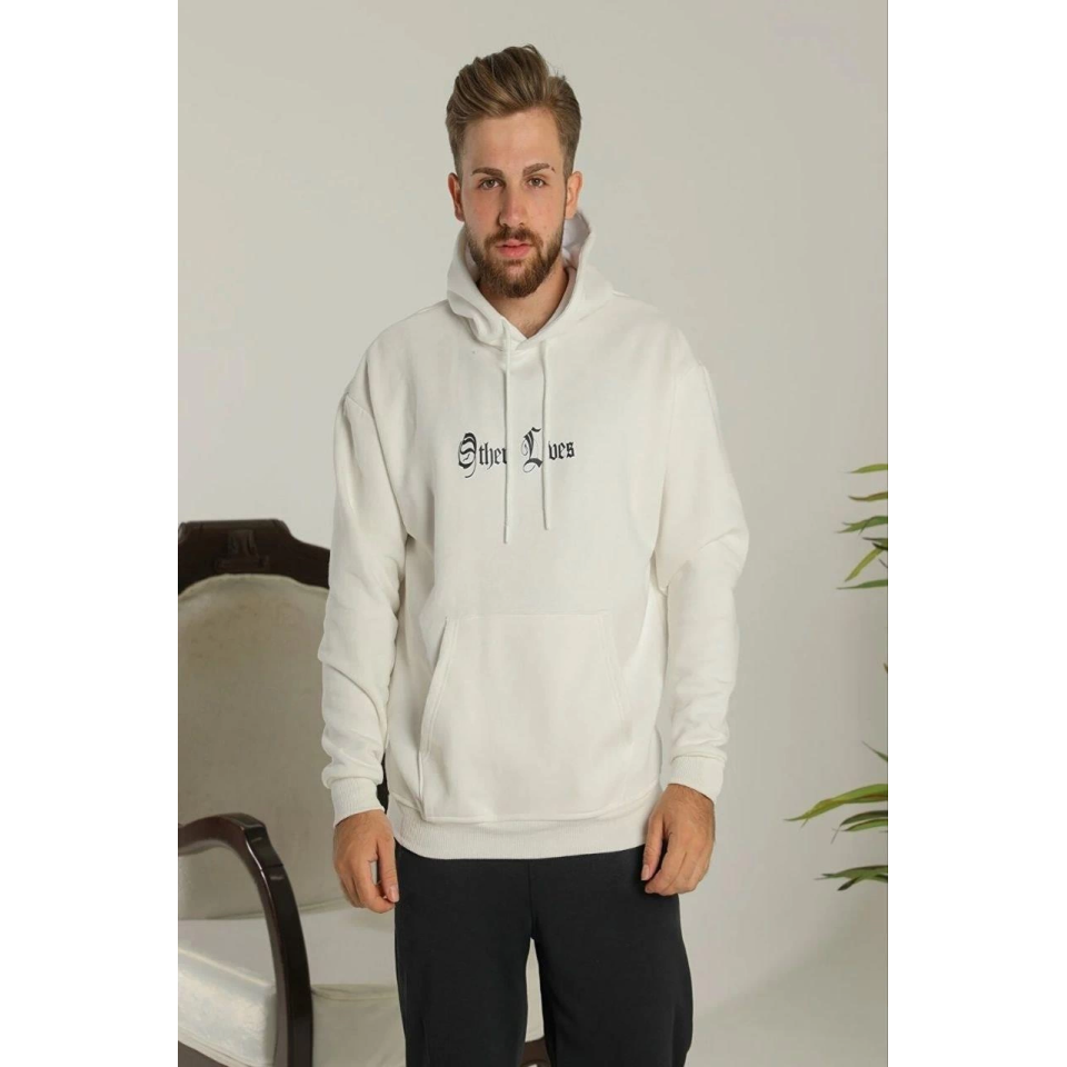 Oversize Üç İplik Şardonlu Kapüşonlu Sweatshirt – Beyaz “Other Lives” Ön Ve Arka Baskılı, Kanguru Cepli, Ribanalı Rahat Kışlık Model Beyaz