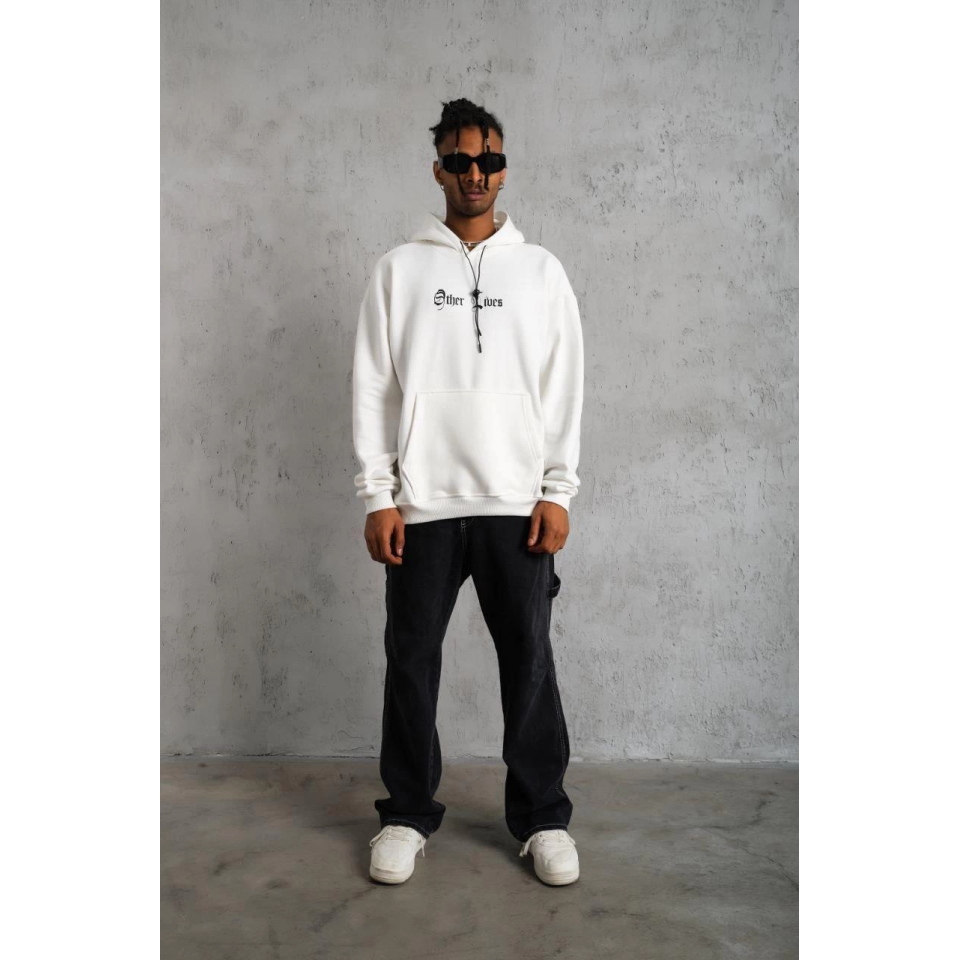 Oversize Üç İplik Şardonlu Kapüşonlu Sweatshirt – Beyaz “Other Lives” Ön Ve Arka Baskılı, Kanguru Cepli, Ribanalı Rahat Kışlık Model Beyaz