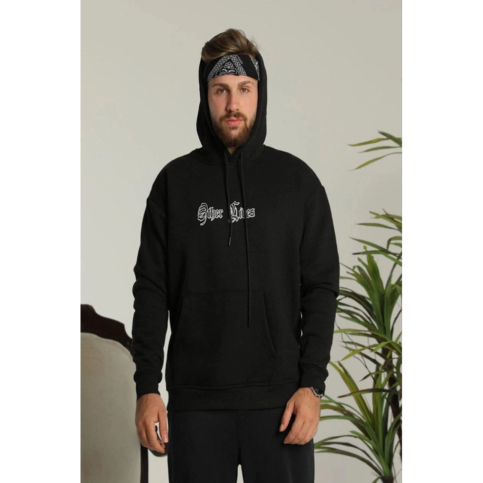 Erkek Kapşonlu Sweatshirt – Oversize Üç İplik Şardonlu Hoodie, “Other Lives” Ön - Arka Baskılı, Kanguru Cepli, Kışlık Rahat Günlük Stil - Siyah