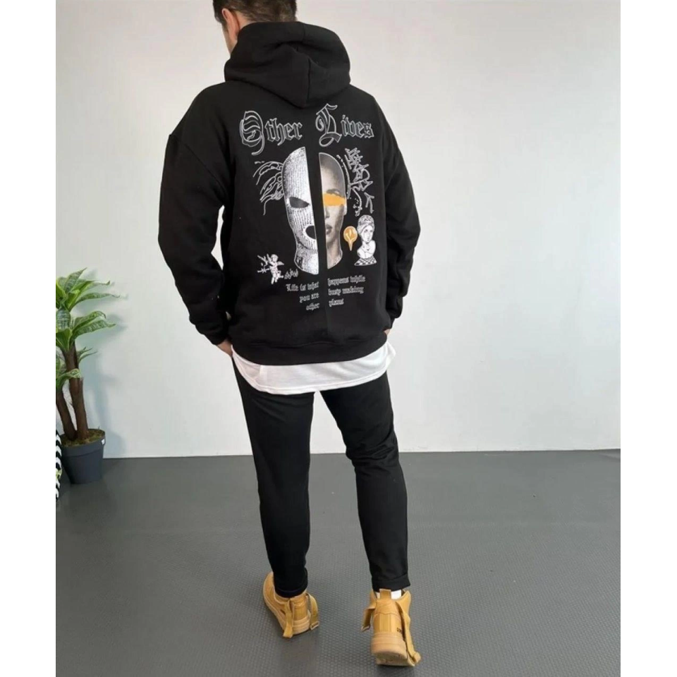 Erkek Kapşonlu Sweatshirt – Oversize Üç İplik Şardonlu Hoodie, “Other Lives” Ön - Arka Baskılı, Kanguru Cepli, Kışlık Rahat Günlük Stil - Siyah
