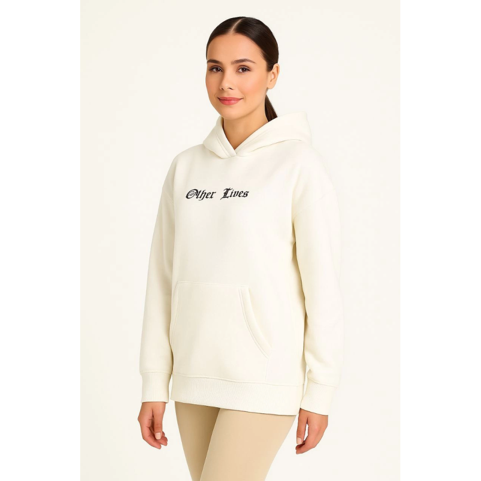 Kapşonlu Sweatshirt – Oversize Üç İplik Şardonlu Hoodie, “Other Lives” Ön - Arka Baskılı, Kanguru Cepli, Kışlık Rahat Günlük Stil - Beyaz