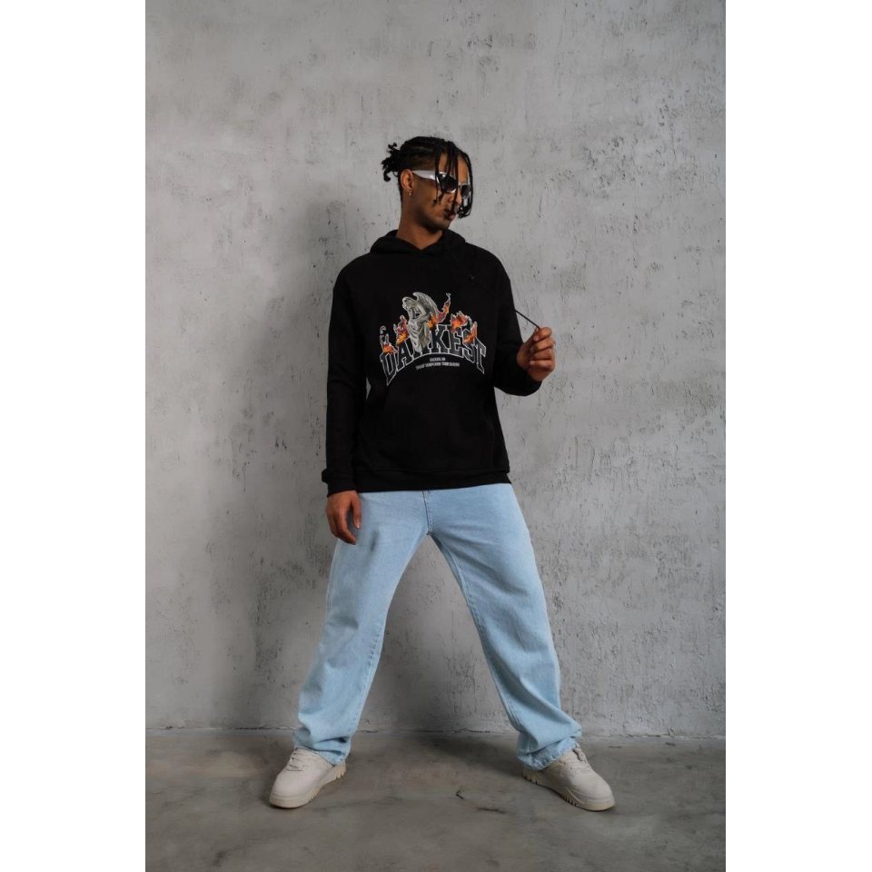 Erkek Oversize Kapüşonlu Sweatshirt – Siyah Renk Üç İplik İçi Pamuklu Kanguru Cepli Baskılı Hoodie Rahat Kalıp Kışlık Günlük Kombinlere Uygun - Siyah