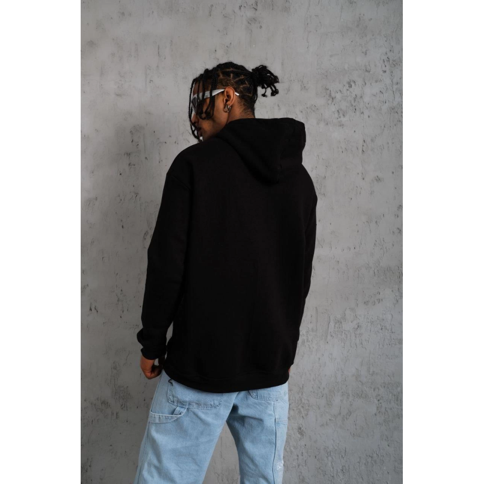Erkek Oversize Kapüşonlu Sweatshirt – Siyah Renk Üç İplik İçi Pamuklu Kanguru Cepli Baskılı Hoodie Rahat Kalıp Kışlık Günlük Kombinlere Uygun - Siyah