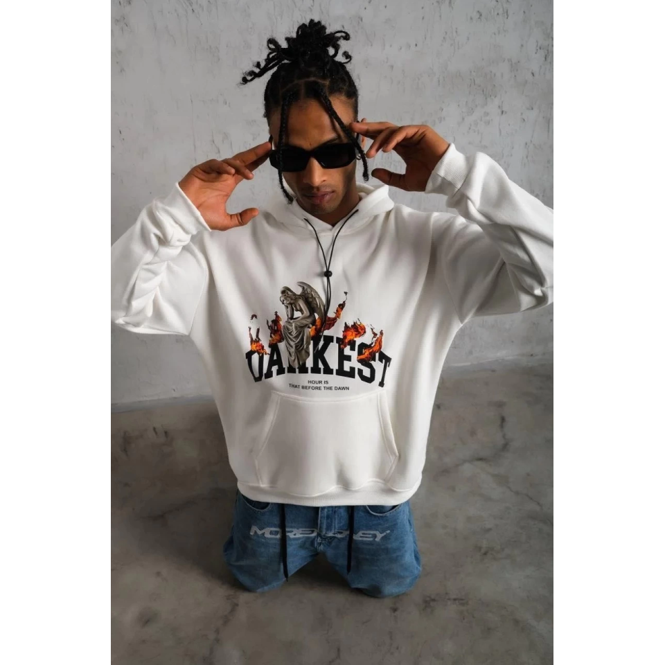 Erkek Oversize Kapüşonlu Sweatshirt – Beyaz Renk Üç İplik İçi Pamuklu Kanguru Cepli Baskılı Hoodie Rahat Kalıp Kışlık Günlük Kombinlere Uygun - Beyaz