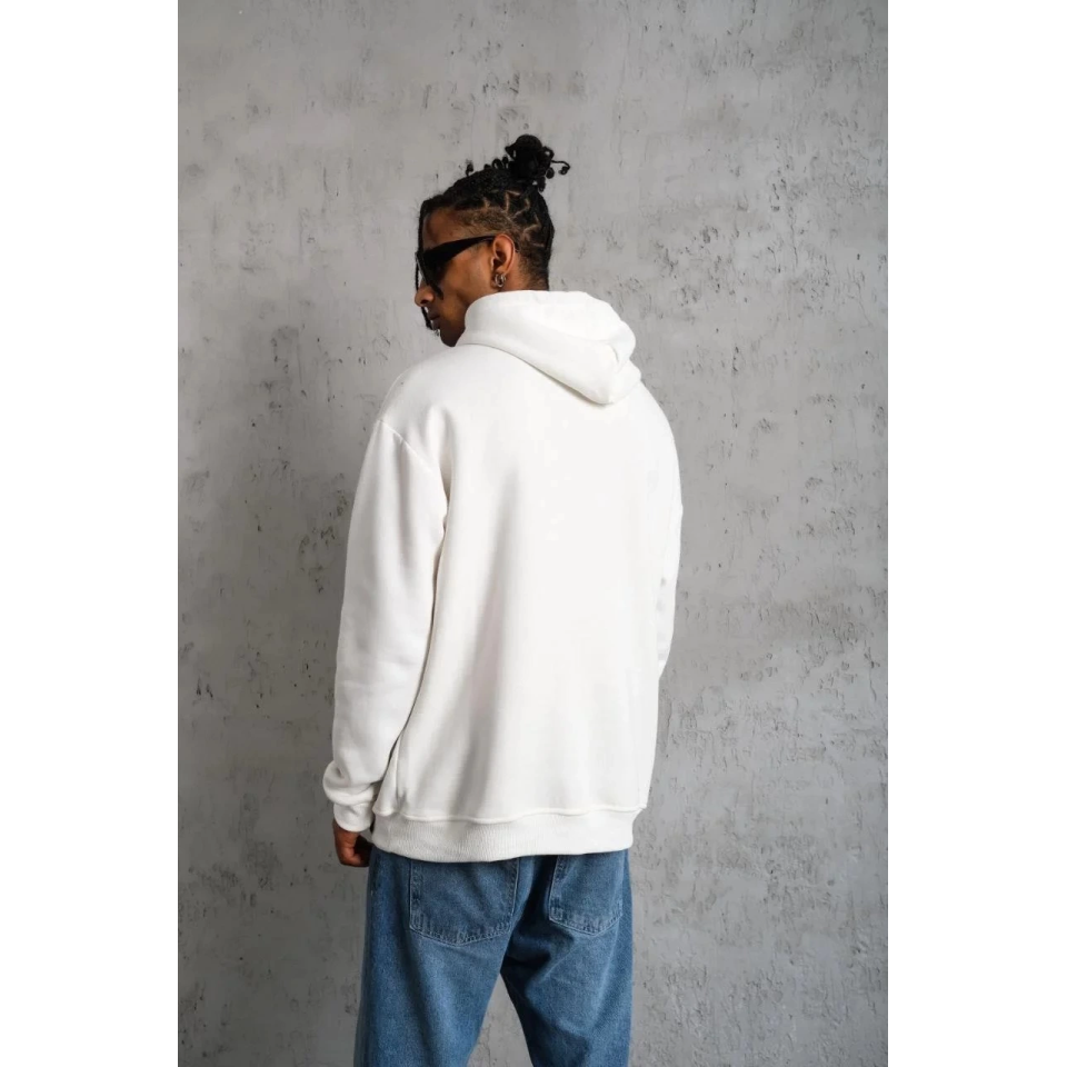 Erkek Oversize Kapüşonlu Sweatshirt – Beyaz Renk Üç İplik İçi Pamuklu Kanguru Cepli Baskılı Hoodie Rahat Kalıp Kışlık Günlük Kombinlere Uygun - Beyaz