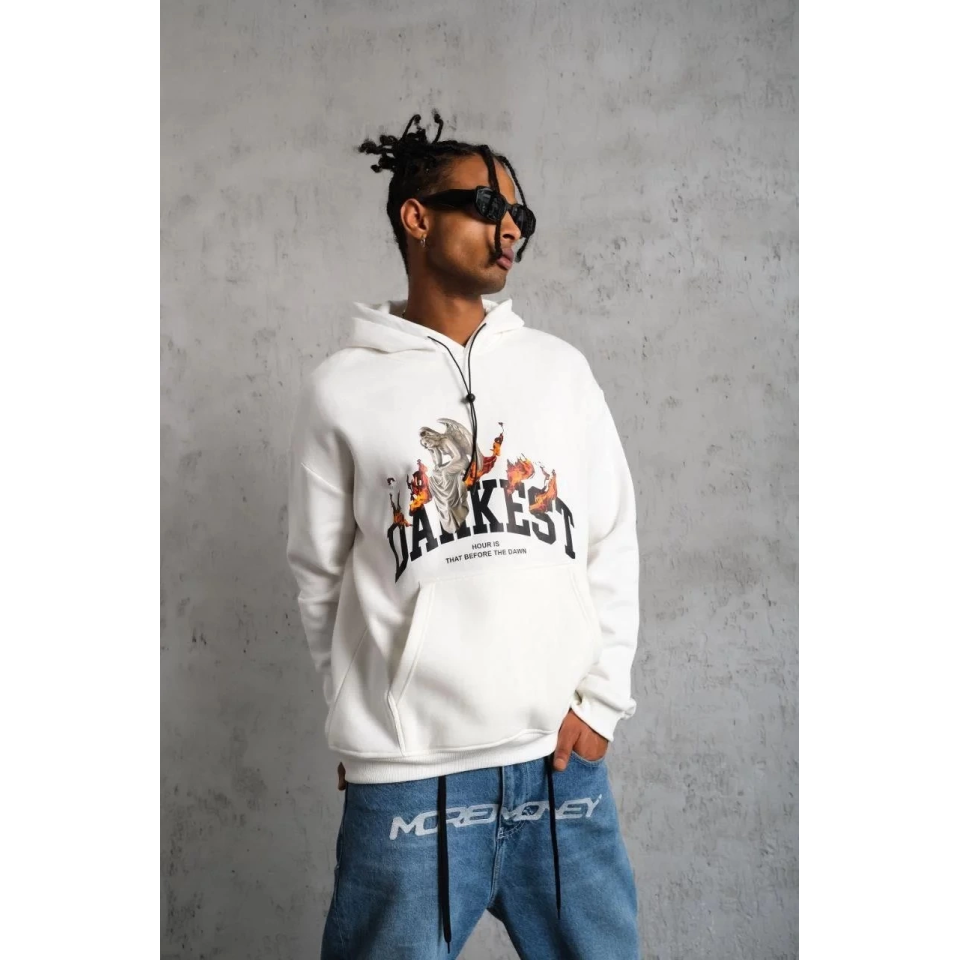 Erkek Oversize Kapüşonlu Sweatshirt – Beyaz Renk Üç İplik İçi Pamuklu Kanguru Cepli Baskılı Hoodie Rahat Kalıp Kışlık Günlük Kombinlere Uygun - Beyaz
