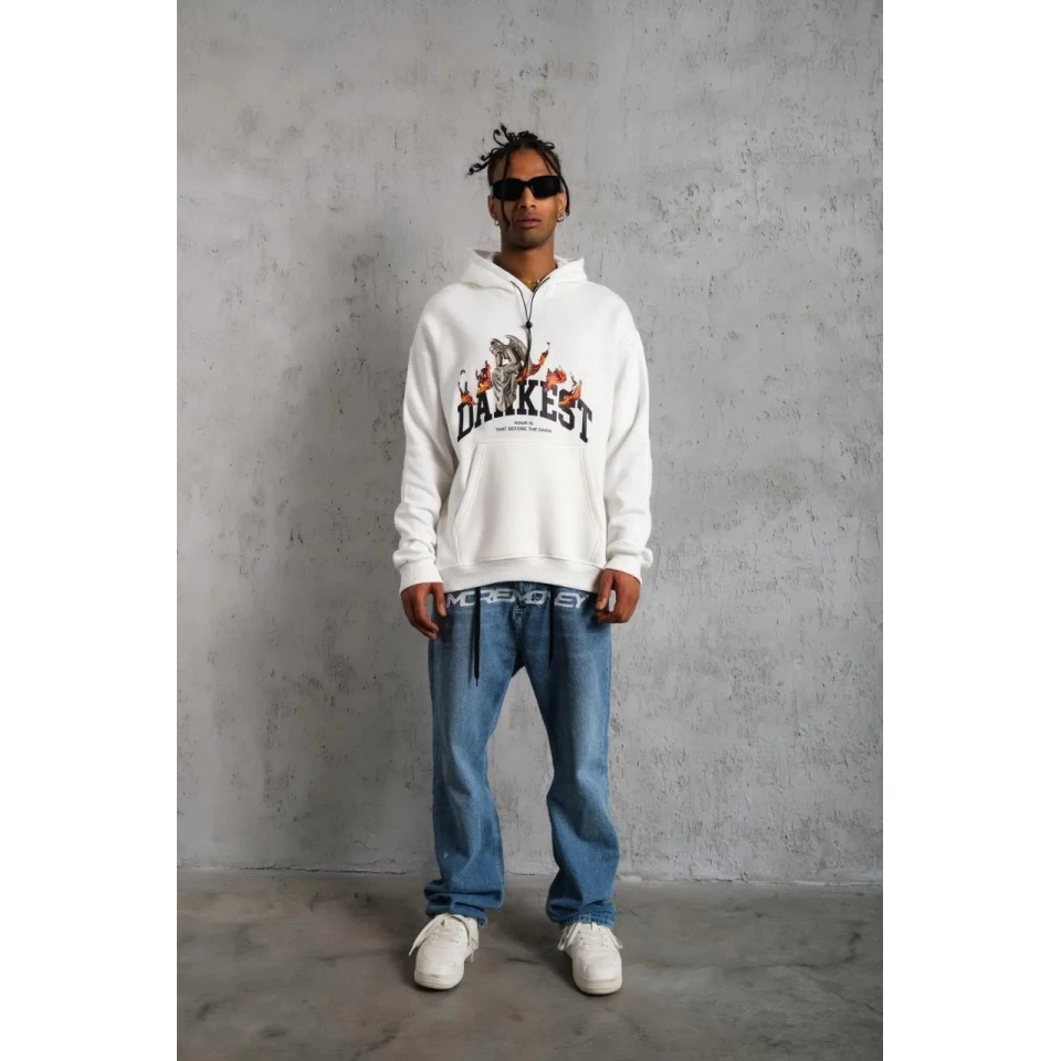Erkek Oversize Kapüşonlu Sweatshirt – Beyaz Renk Üç İplik İçi Pamuklu Kanguru Cepli Baskılı Hoodie Rahat Kalıp Kışlık Günlük Kombinlere Uygun - Beyaz