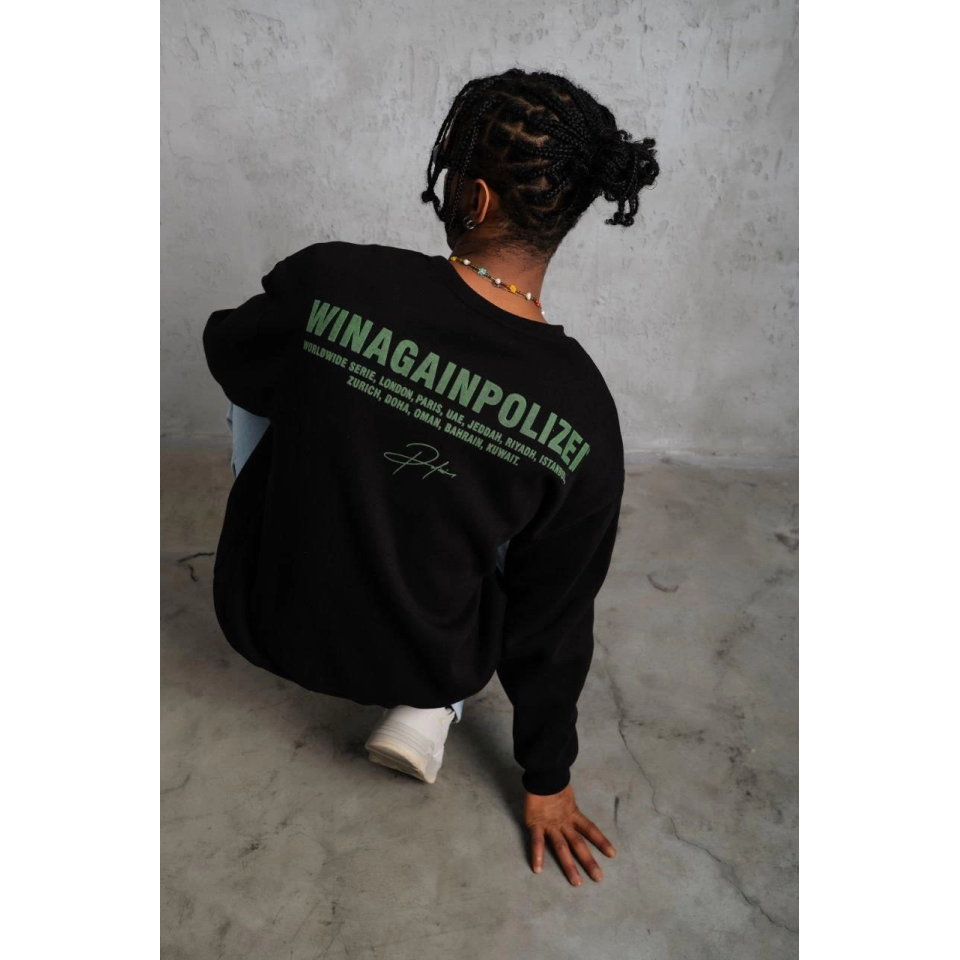 Erkek Oversize Sweatshirt – Siyah Renk  Ön Ve Sırt Baskılı, Üç İplik İçi Pamuklu Kumaş, Rahat Kalıp, Ribanalı Kışlık Sweat  Winagain Polizei Serisi - Siyah