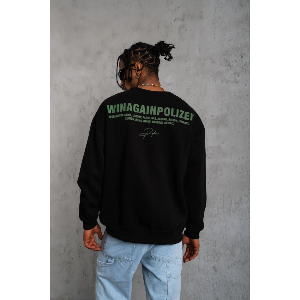 Erkek Oversize Sweatshirt – Siyah Renk  Ön Ve Sırt Baskılı, Üç İplik İçi Pamuklu Kumaş, Rahat Kalıp, Ribanalı Kışlık Sweat  Winagain Polizei Serisi - Siyah