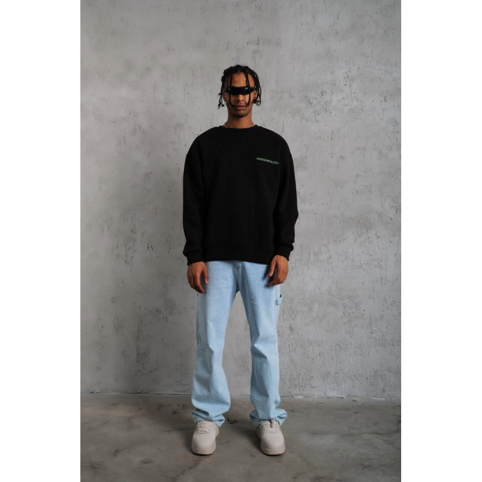 Erkek Oversize Sweatshirt – Siyah Renk  Ön Ve Sırt Baskılı, Üç İplik İçi Pamuklu Kumaş, Rahat Kalıp, Ribanalı Kışlık Sweat  Winagain Polizei Serisi - Siyah