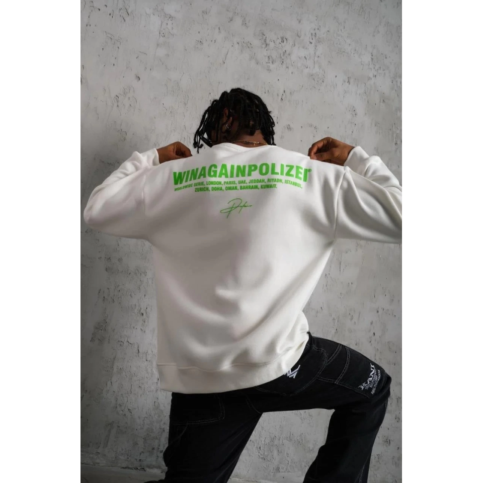 Erkek Oversize Sweatshirt – Beyaz Renk  Ön Ve Sırt Baskılı, Üç İplik İçi Pamuklu Kumaş, Rahat Kalıp, Ribanalı Kışlık Sweat  Winagain Polizei Serisi - Beyaz