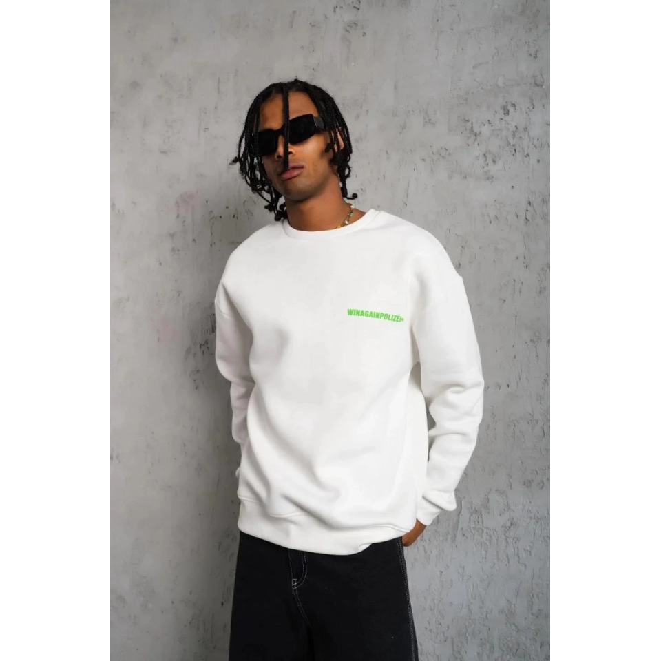 Erkek Oversize Sweatshirt – Beyaz Renk  Ön Ve Sırt Baskılı, Üç İplik İçi Pamuklu Kumaş, Rahat Kalıp, Ribanalı Kışlık Sweat  Winagain Polizei Serisi - Beyaz