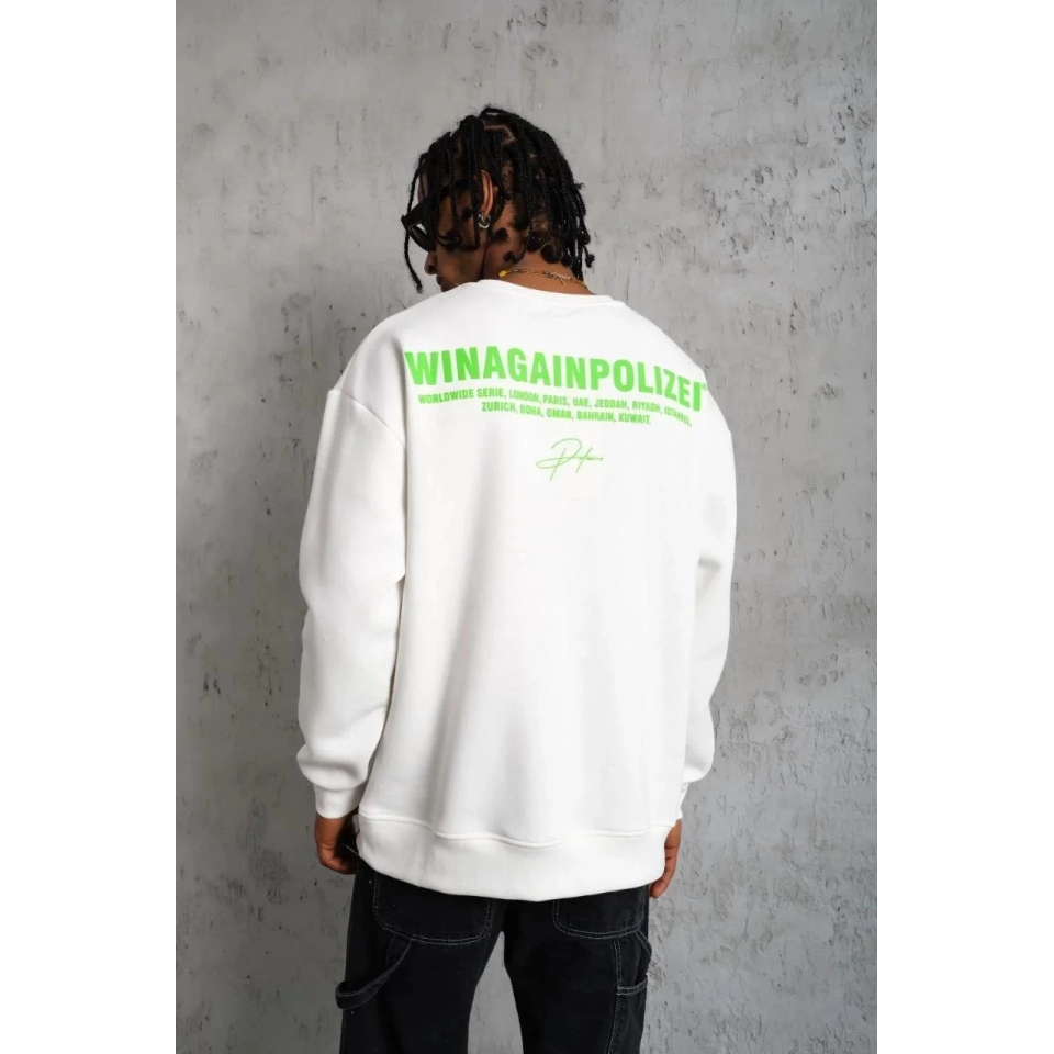 Erkek Oversize Sweatshirt – Beyaz Renk  Ön Ve Sırt Baskılı, Üç İplik İçi Pamuklu Kumaş, Rahat Kalıp, Ribanalı Kışlık Sweat  Winagain Polizei Serisi - Beyaz