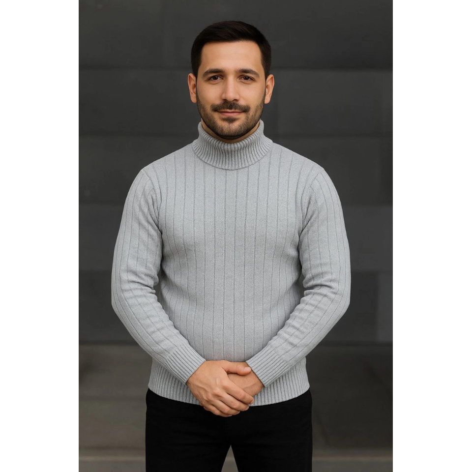 Erkek Balıkcı Yaka Bağazlı Triko Kazak Pamuklu Kalın Fitilli Dokuma, Regular Fit Uzun Kollu Kışlık Model - Gri