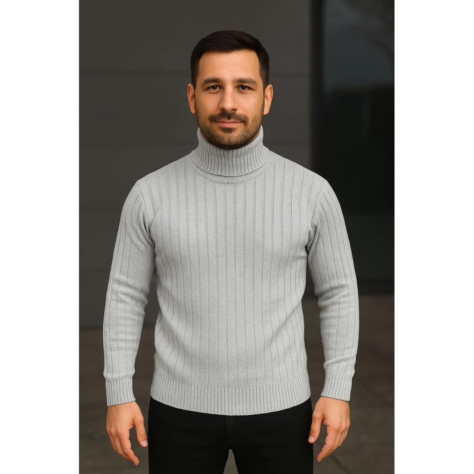 Erkek Balıkcı Yaka Bağazlı Triko Kazak Pamuklu Kalın Fitilli Dokuma, Regular Fit Uzun Kollu Kışlık Model - Gri