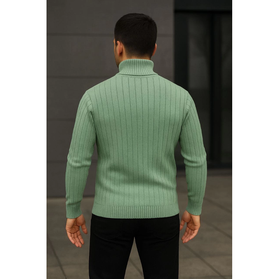 Erkek Balıkcı Yaka Bağazlı Triko Kazak Pamuklu Kalın Fitilli Dokuma, Regular Fit Uzun Kollu Kışlık Model - Mint Yeşili