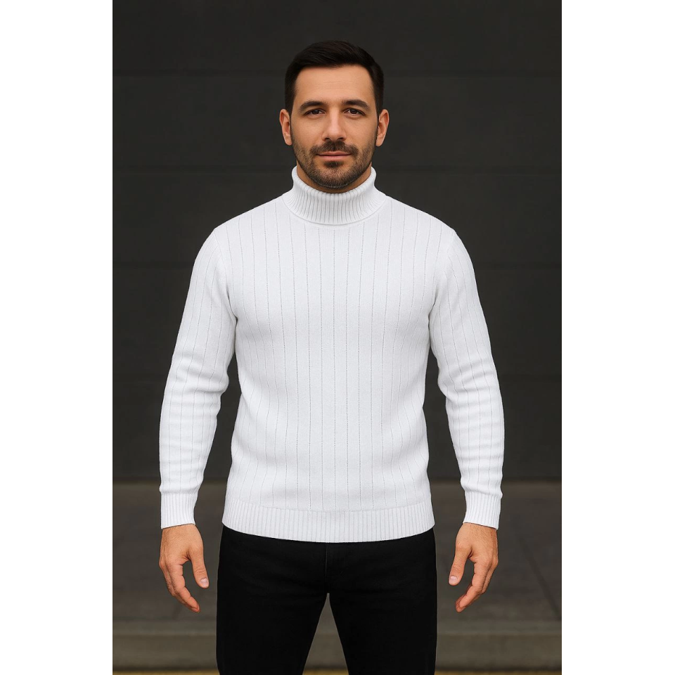 Erkek Balıkcı Yaka Bağazlı Triko Kazak Pamuklu Kalın Fitilli Dokuma, Regular Fit Uzun Kollu Kışlık Model - Beyaz
