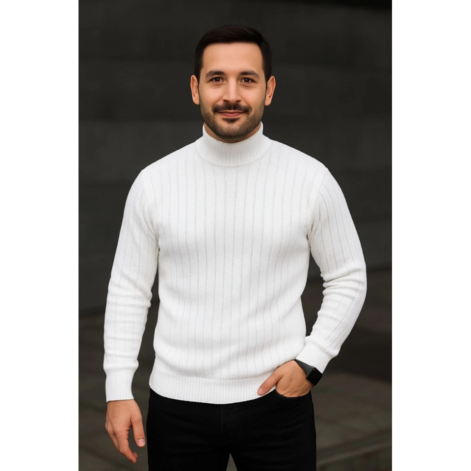 Erkek Balıkcı Yaka Bağazlı Triko Kazak Pamuklu Kalın Fitilli Dokuma, Regular Fit Uzun Kollu Kışlık Model - Beyaz