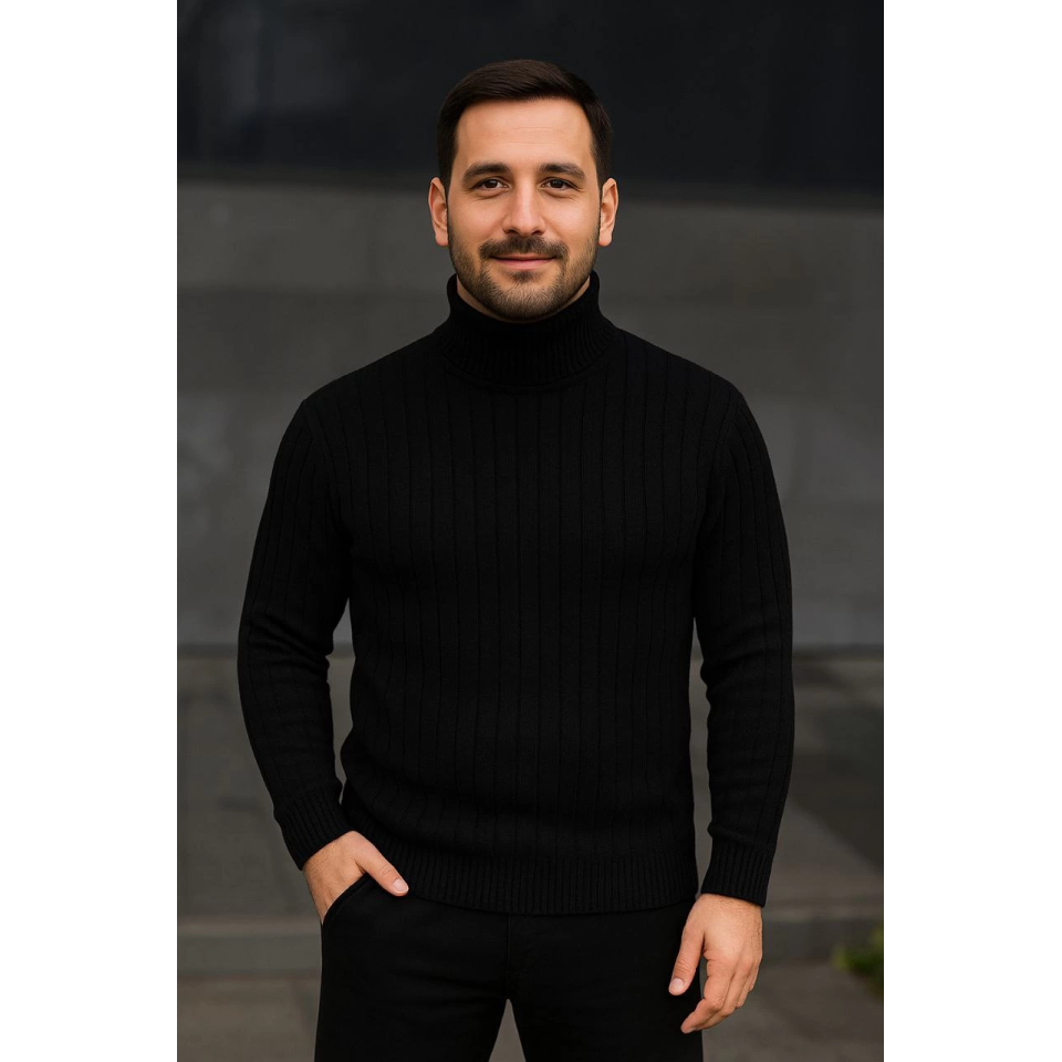 Erkek Balıkcı Yaka Bağazlı Triko Kazak Pamuklu Kalın Fitilli Dokuma, Regular Fit Uzun Kollu Kışlık Model - Siyah