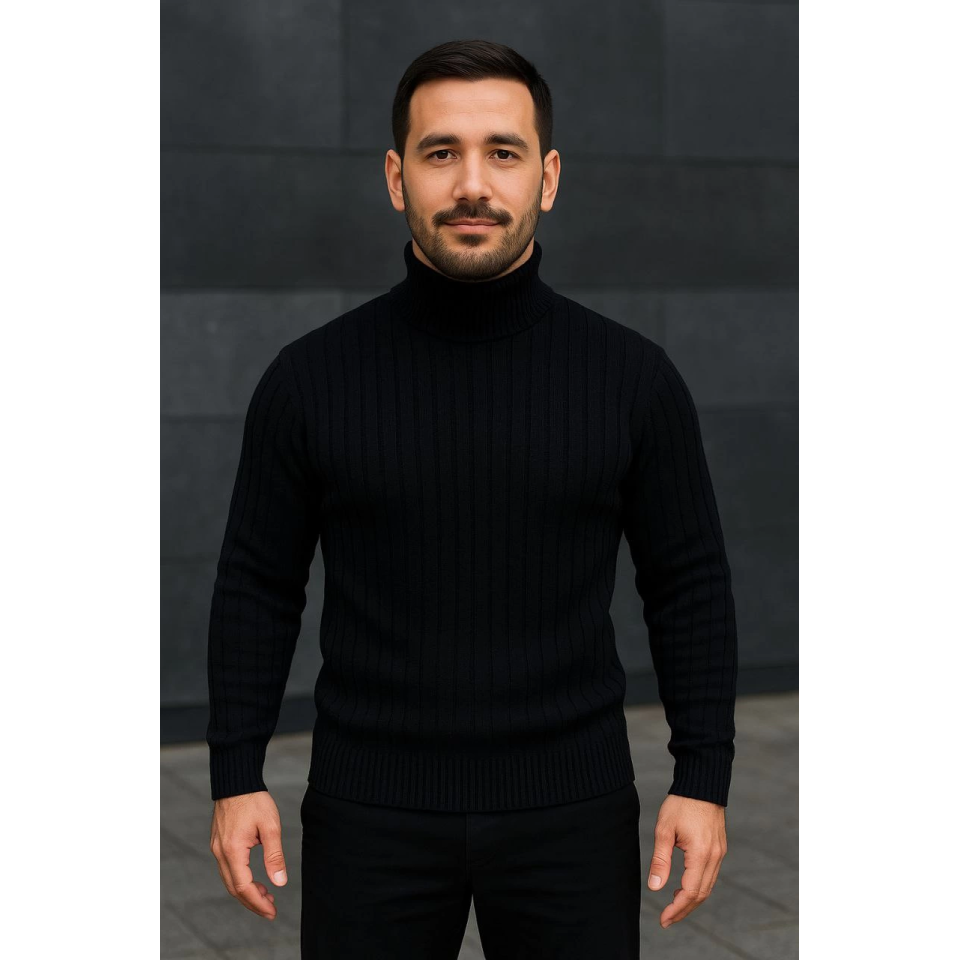 Erkek Balıkcı Yaka Bağazlı Triko Kazak Pamuklu Kalın Fitilli Dokuma, Regular Fit Uzun Kollu Kışlık Model - Siyah