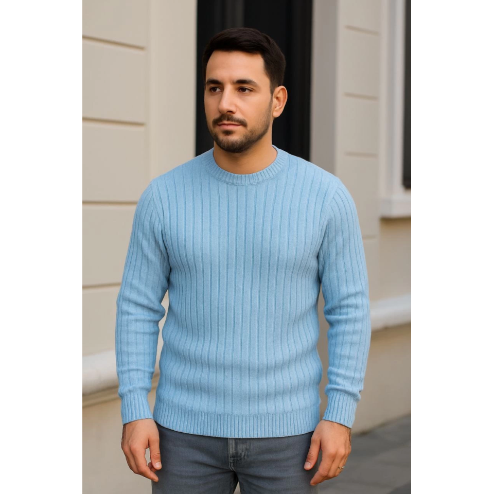Erkek Bisiklet Yuvarlak Yaka Triko Kazak Pamuklu Kalın Fitilli Dokuma, Regular Fit Uzun Kollu Kışlık Model - Bebe Mavisi