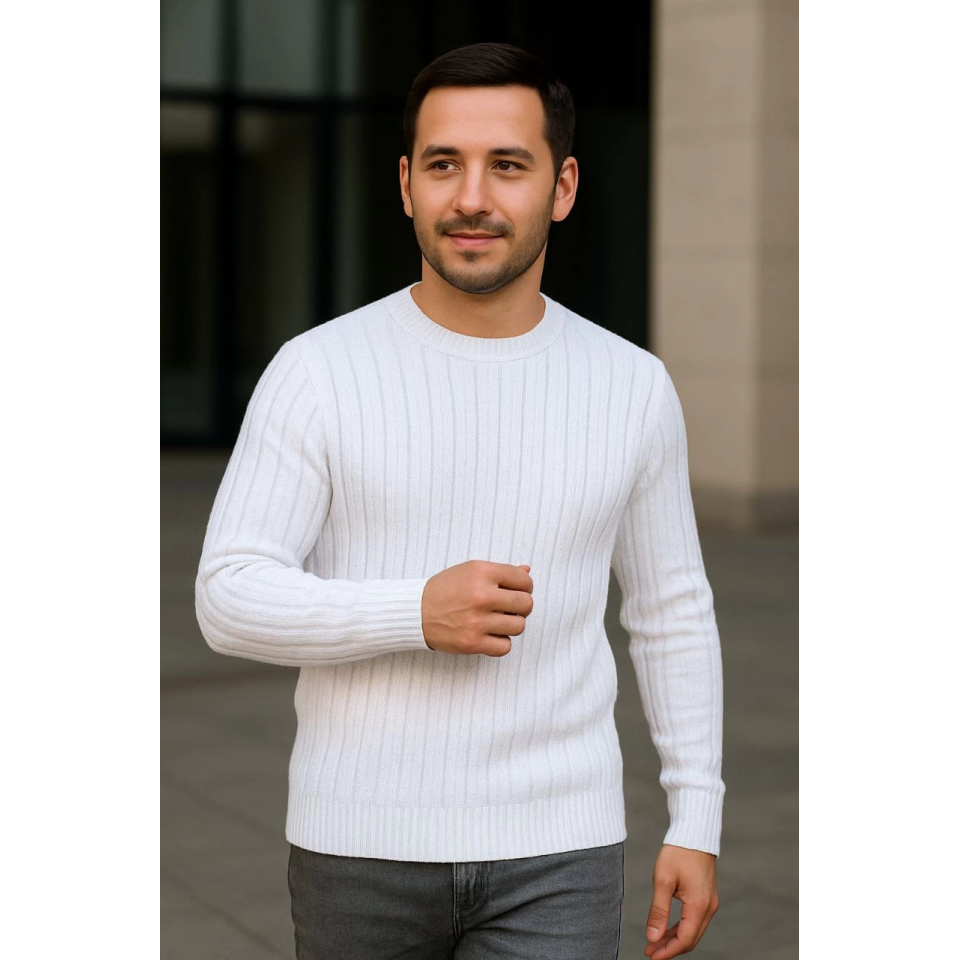 Erkek Bisiklet Yuvarlak Yaka Triko Kazak Pamuklu Kalın Fitilli Dokuma, Regular Fit Uzun Kollu Kışlık Model - Beyaz