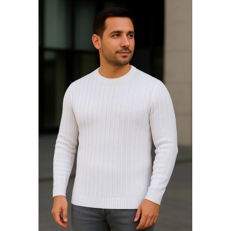 Erkek Bisiklet Yuvarlak Yaka Triko Kazak Pamuklu Kalın Fitilli Dokuma, Regular Fit Uzun Kollu Kışlık Model - Beyaz