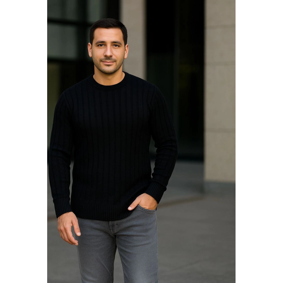 Erkek Bisiklet Yuvarlak Yaka Triko Kazak Pamuklu Kalın Fitilli Dokuma, Regular Fit Uzun Kollu Kışlık Model - Siyah