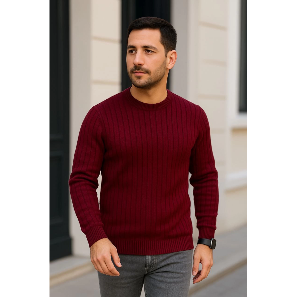 Erkek Bisiklet Yuvarlak Yaka Triko Kazak Pamuklu Kalın Fitilli Dokuma, Regular Fit Uzun Kollu Kışlık Model - Bordo