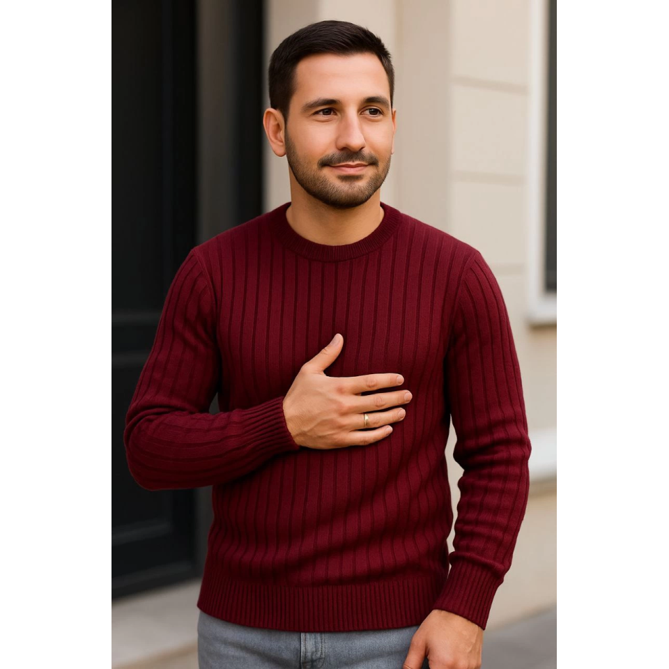 Erkek Bisiklet Yuvarlak Yaka Triko Kazak Pamuklu Kalın Fitilli Dokuma, Regular Fit Uzun Kollu Kışlık Model - Bordo
