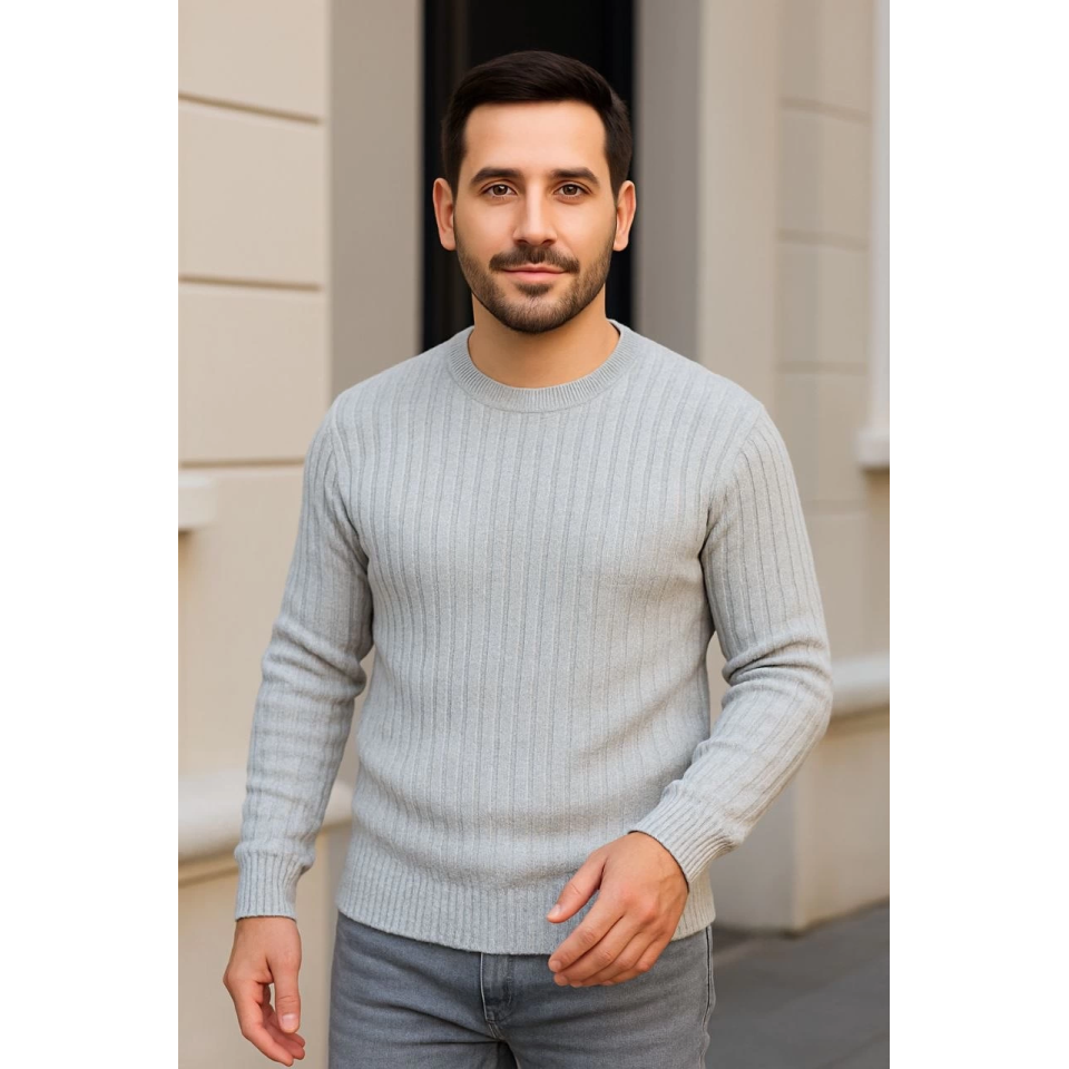 Erkek Bisiklet Yuvarlak Yaka Triko Kazak Pamuklu Kalın Fitilli Dokuma, Regular Fit Uzun Kollu Kışlık Model - Gri