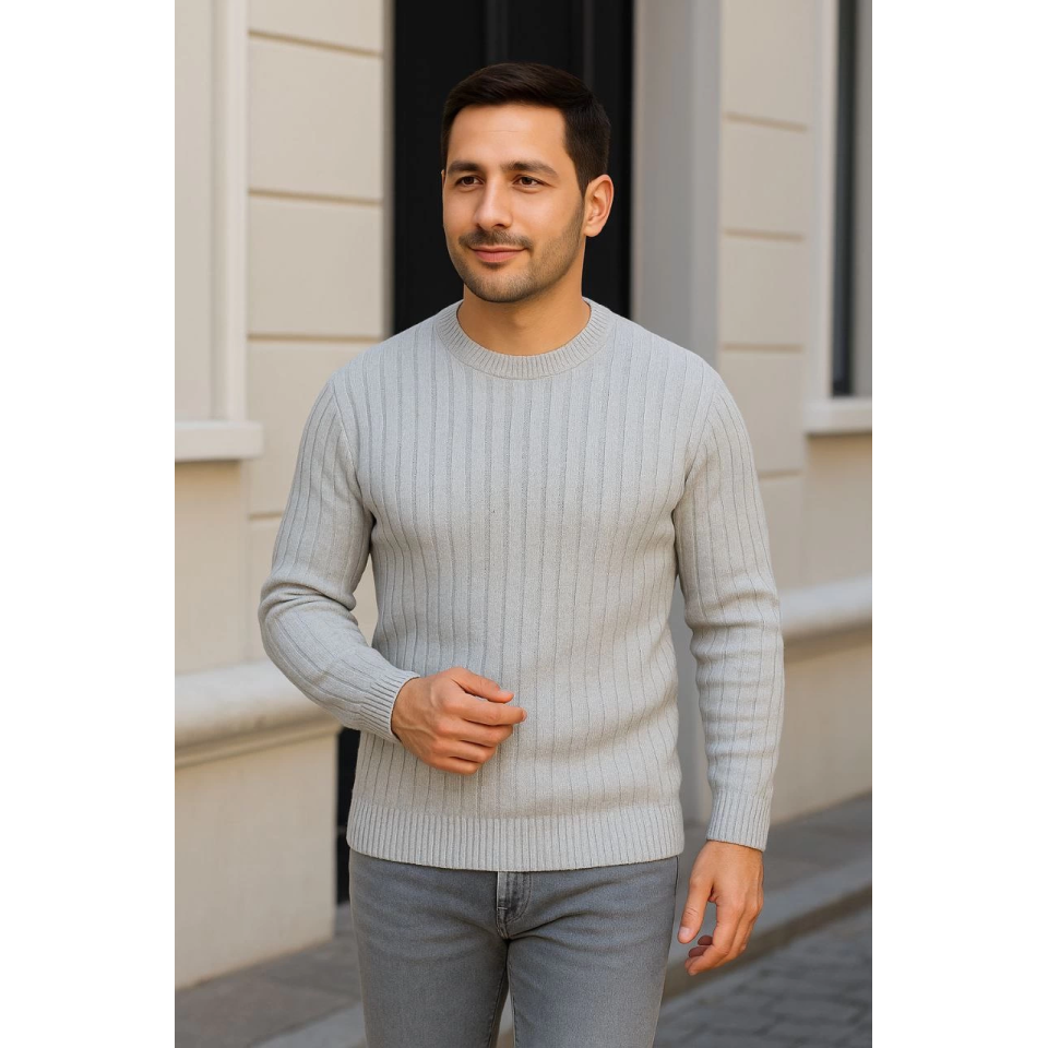 Erkek Bisiklet Yuvarlak Yaka Triko Kazak Pamuklu Kalın Fitilli Dokuma, Regular Fit Uzun Kollu Kışlık Model - Gri