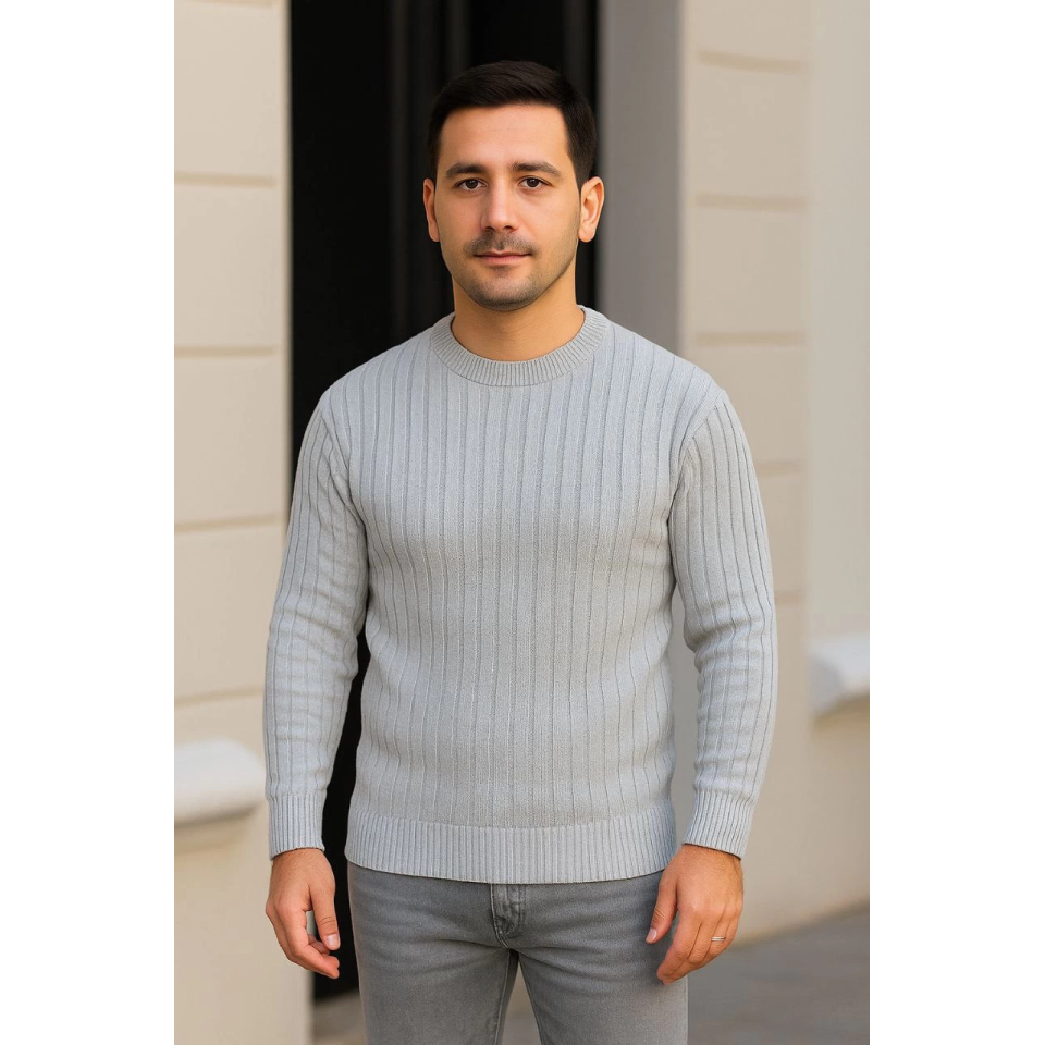 Erkek Bisiklet Yuvarlak Yaka Triko Kazak Pamuklu Kalın Fitilli Dokuma, Regular Fit Uzun Kollu Kışlık Model - Gri