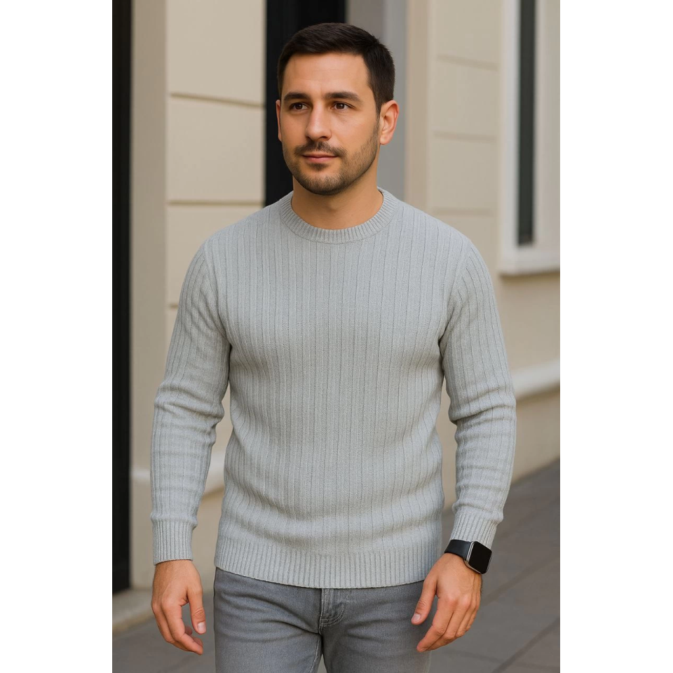 Erkek Bisiklet Yuvarlak Yaka Triko Kazak Pamuklu Kalın Fitilli Dokuma, Regular Fit Uzun Kollu Kışlık Model - Gri