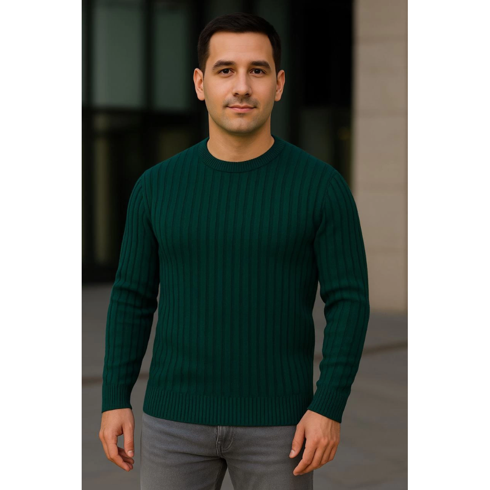 Erkek Bisiklet Yuvarlak Yaka Triko Kazak Pamuklu Kalın Fitilli Dokuma, Regular Fit Uzun Kollu Kışlık Model - Haki